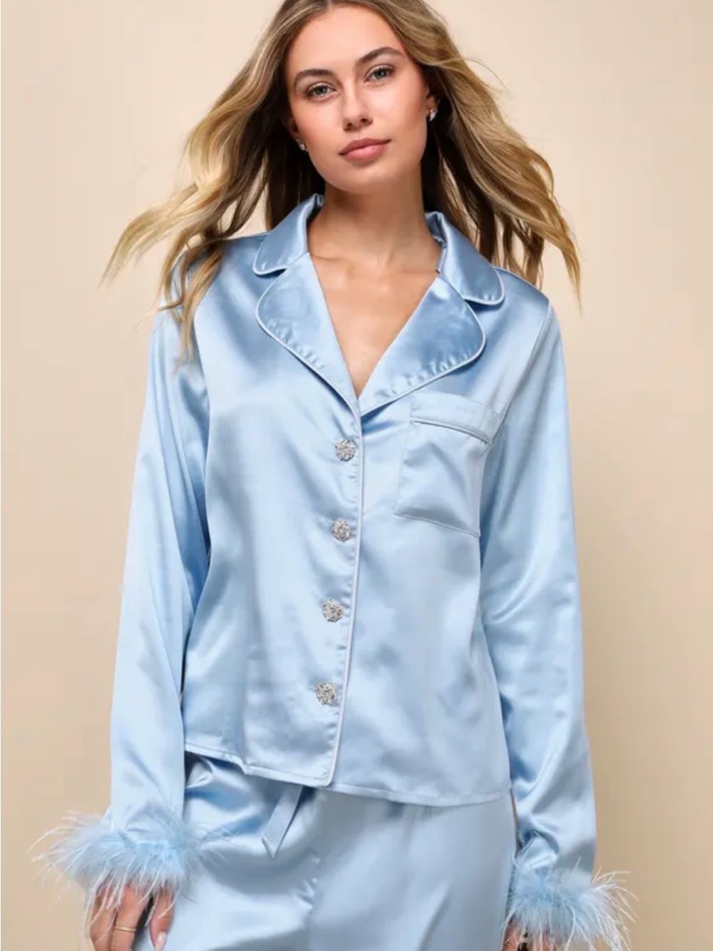 Lulu's Light Blue Satin Feather Cuff Pajama Top
